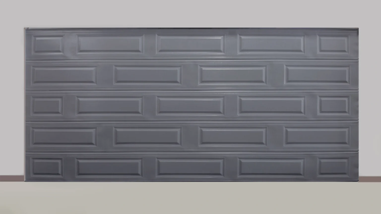 Grey garage door with horizontal panels with square indents.