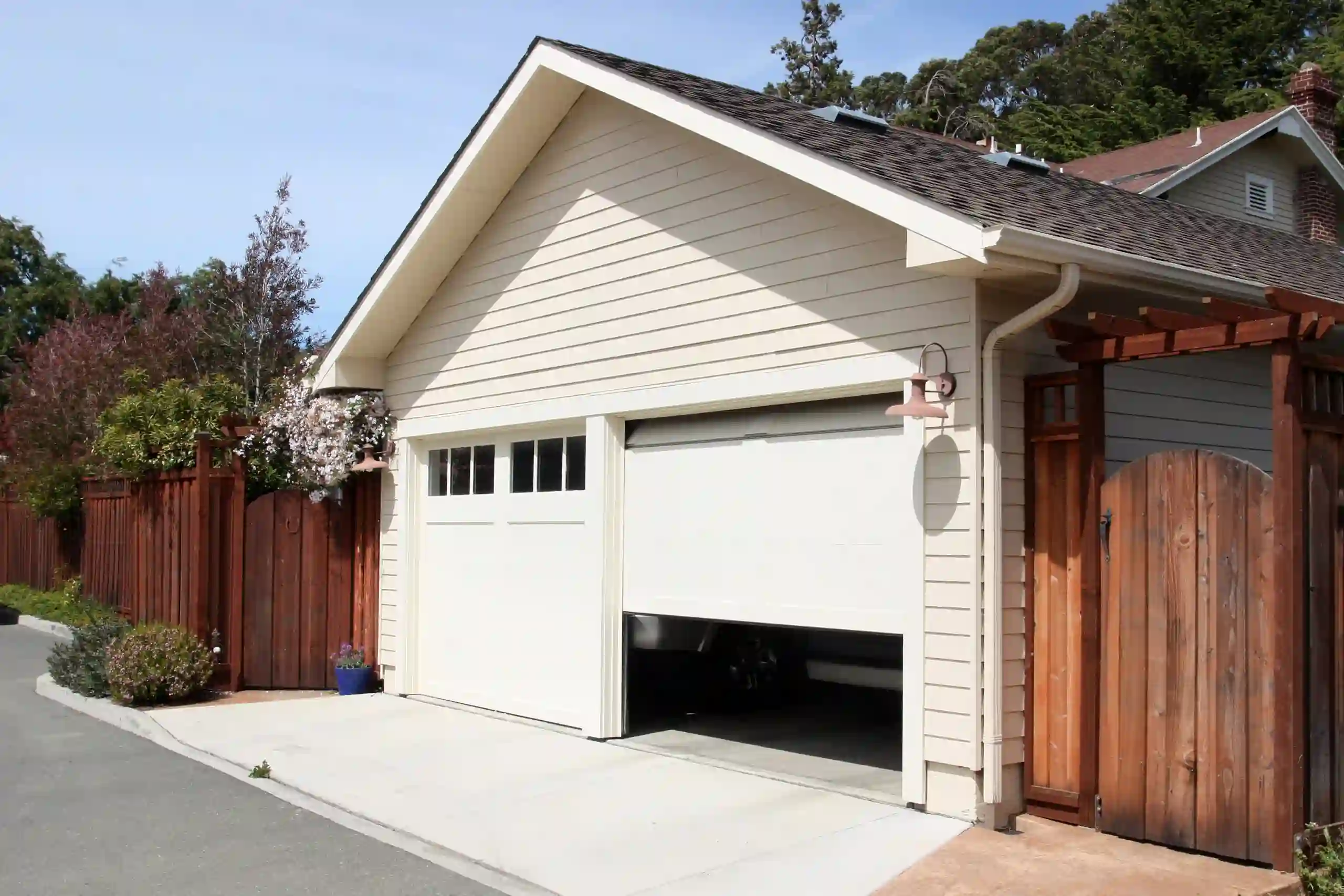 Open garage door in suburban home