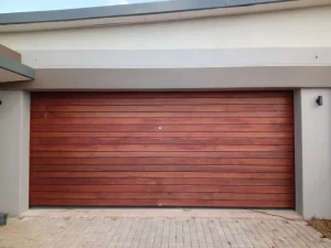 Wooden garage door in suburb house