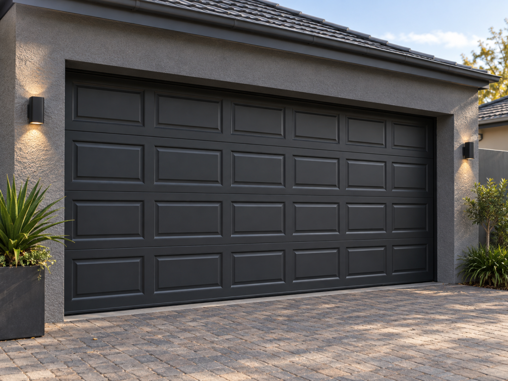 Charcoal steel garage door facade 1