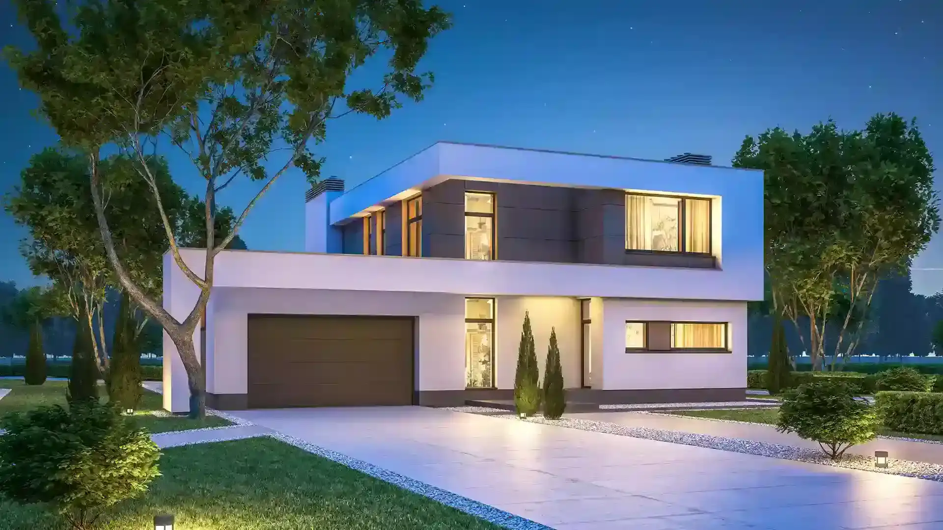 Grey and white house with grey wooden double garage door